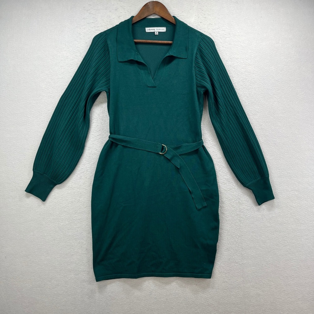 Absolutely Famous Sweater Dress Womens M Teal Belted Ribbed Sleeve Preppy Knit